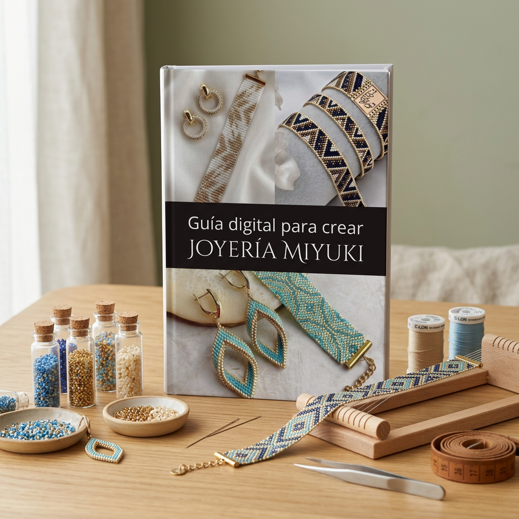Libro Guía digital para crear Joyería Miyuki sobre una mesa con cuentas Miyuki, telar y herramientas